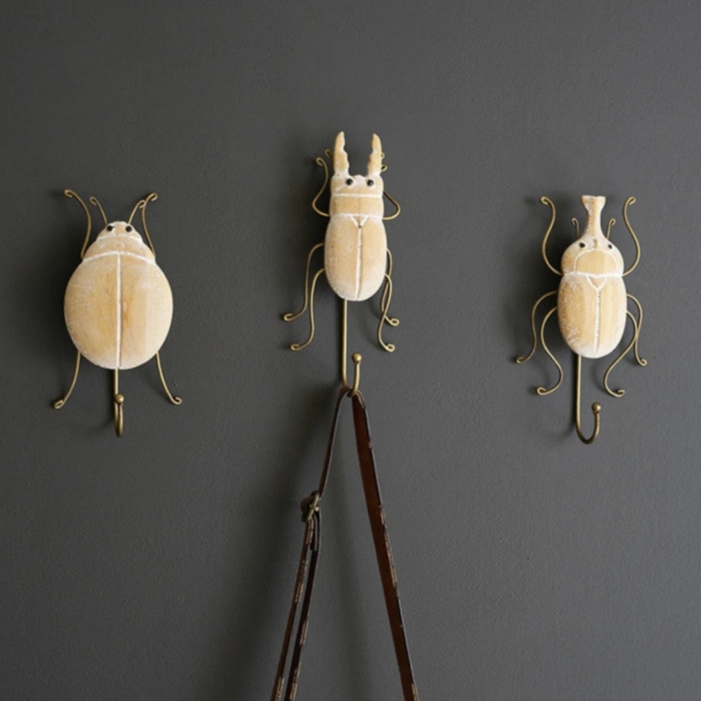 Wood Carved Insect Wall Key Hooks Bugs Beetles Light Gold Legs Nature Woods Art